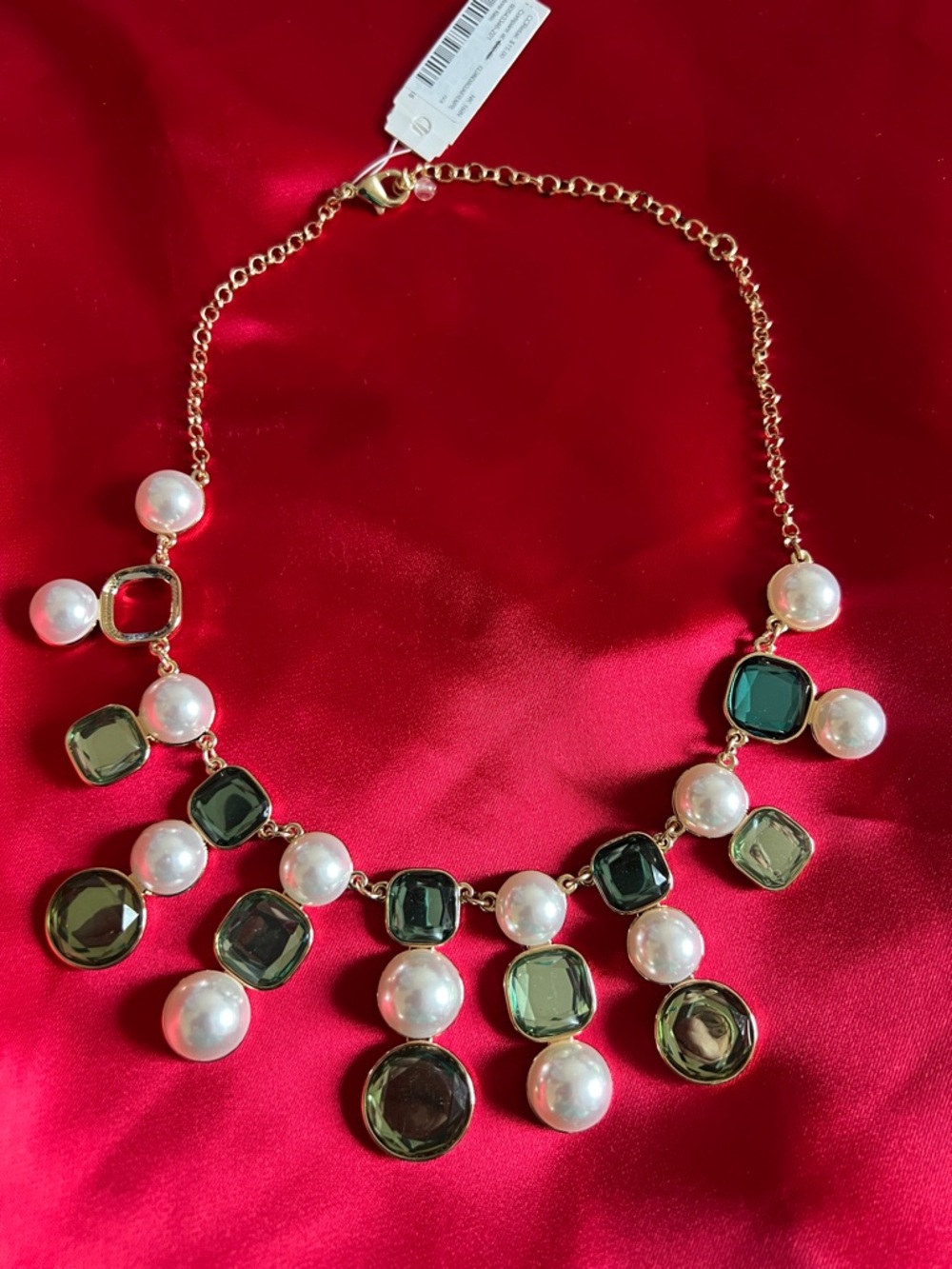 Anne Klein Gold-Tone Necklace with White Pearls and Dark Green Gems. -